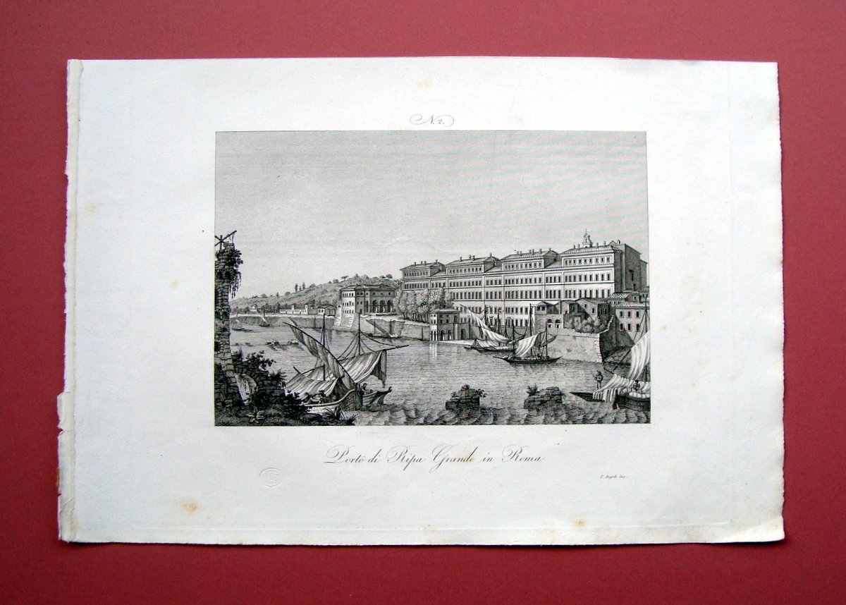 Zuccagni Orlandini Porto di Ripa Grande in Roma 1844 acquaforte
