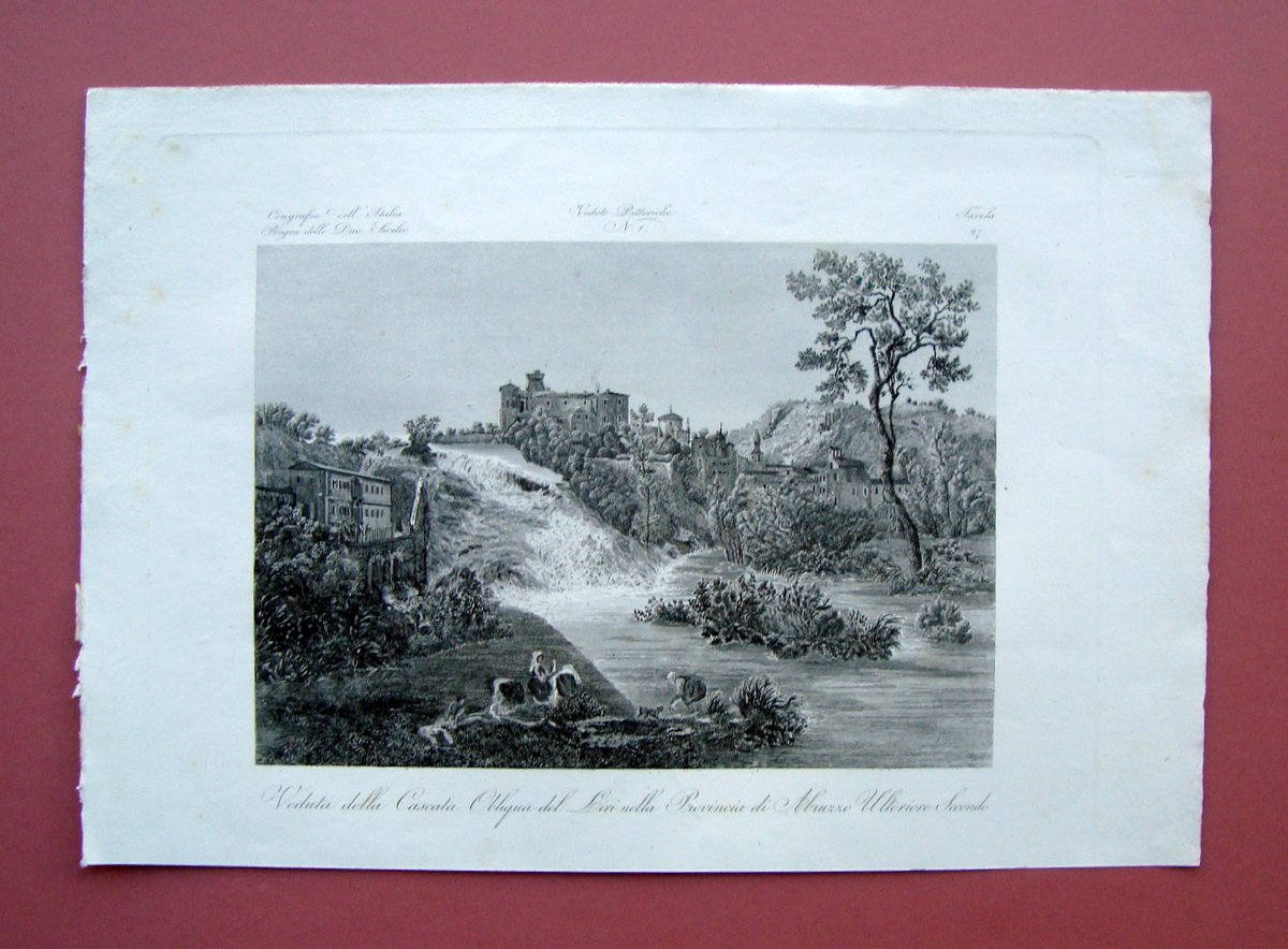 Zuccagni Orlandini Veduta Cascata Obliqua del Liri Abruzzo 1844 acquaforte
