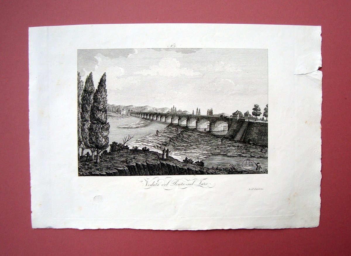 Zuccagni Orlandini Veduta del Ponte sul Taro 1840 acquaforte originale