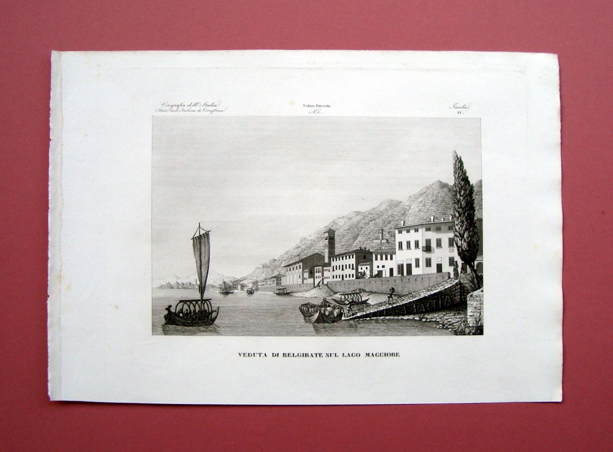 Zuccagni Orlandini Veduta di Belgirate Lago Maggiore 1844 acquaforte originale