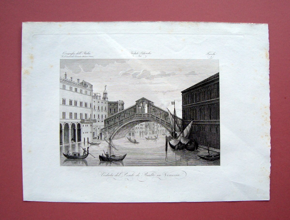 Zuccagni Orlandini Veduta Ponte di Rialto Venezia 1844 acquaforte originale