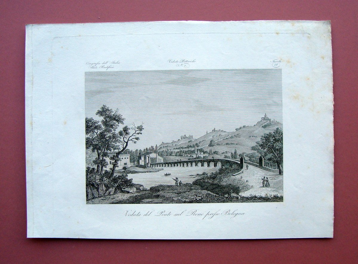 Zuccagni Orlandini Veduta Ponte sul Reno presso Bologna 1844 acquaforte