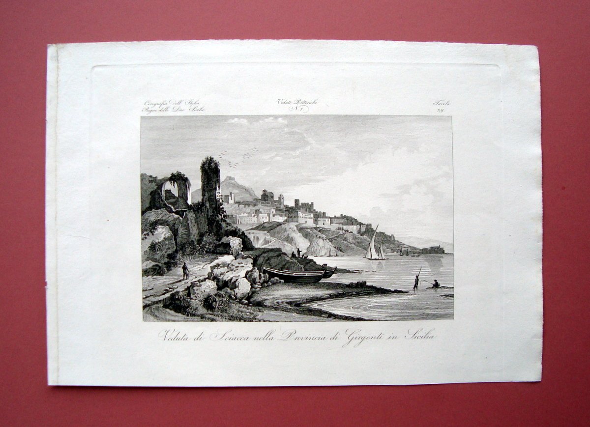 Zuccagni Orlandini Veduta Sciacca Girgenti Sicilia 1840 acquaforte originale