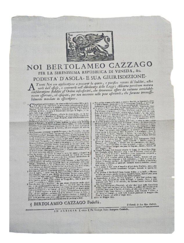 Affissione pubblica in Asola 1739 di Bartolomeo Cazzago
