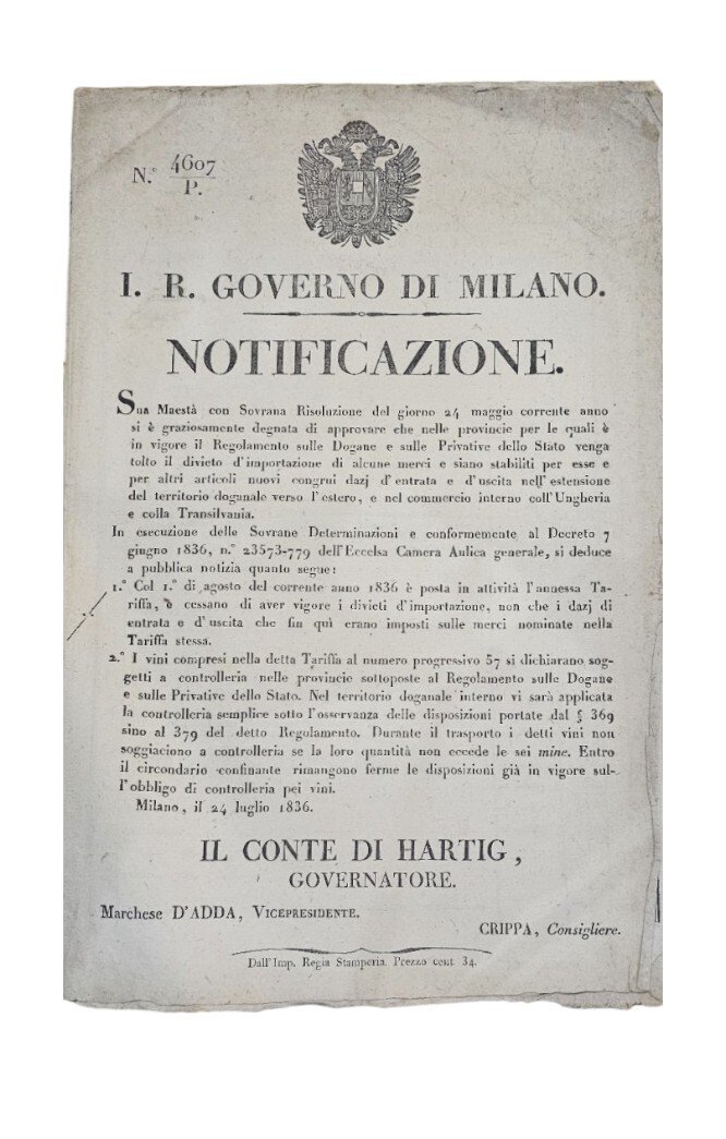 Governo di Milano Notificazione 1835-36