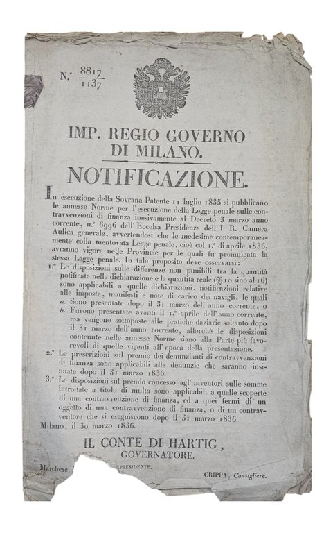 Governo di Milano Notificazione 1835-36