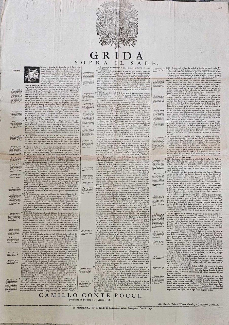 Grida sopra il sale - Camillo Conte Poggi Modena 1768