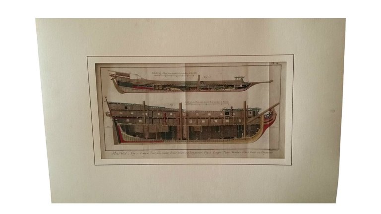 Incisione Acquarellata Spaccato Navale "Marine Vaisseau Et Galere" B. Direx