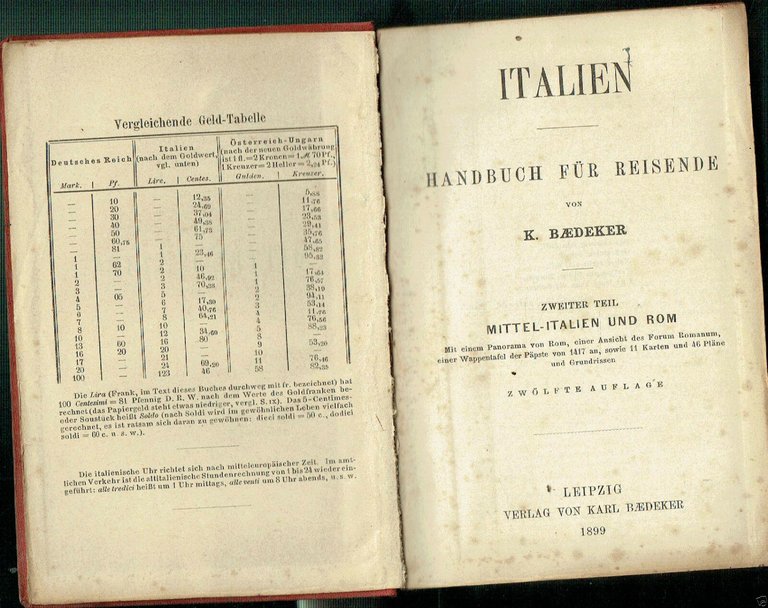 ITALIEN HANDBUCH FUR REISEND LEIPZIC 1899 NUMEROSE CARTINE PIU RIPIEGATE
