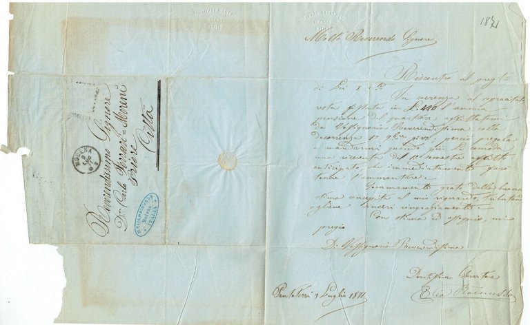LETTERA PREFILATELICA MODENA ELIA RAINUSSA FERRARI MORENI 1871