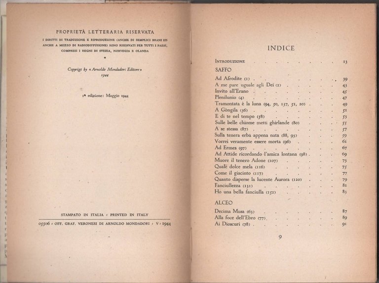 Lirici Greci - Salvatore Quasimodo - Mondadori 1944 - Prima …