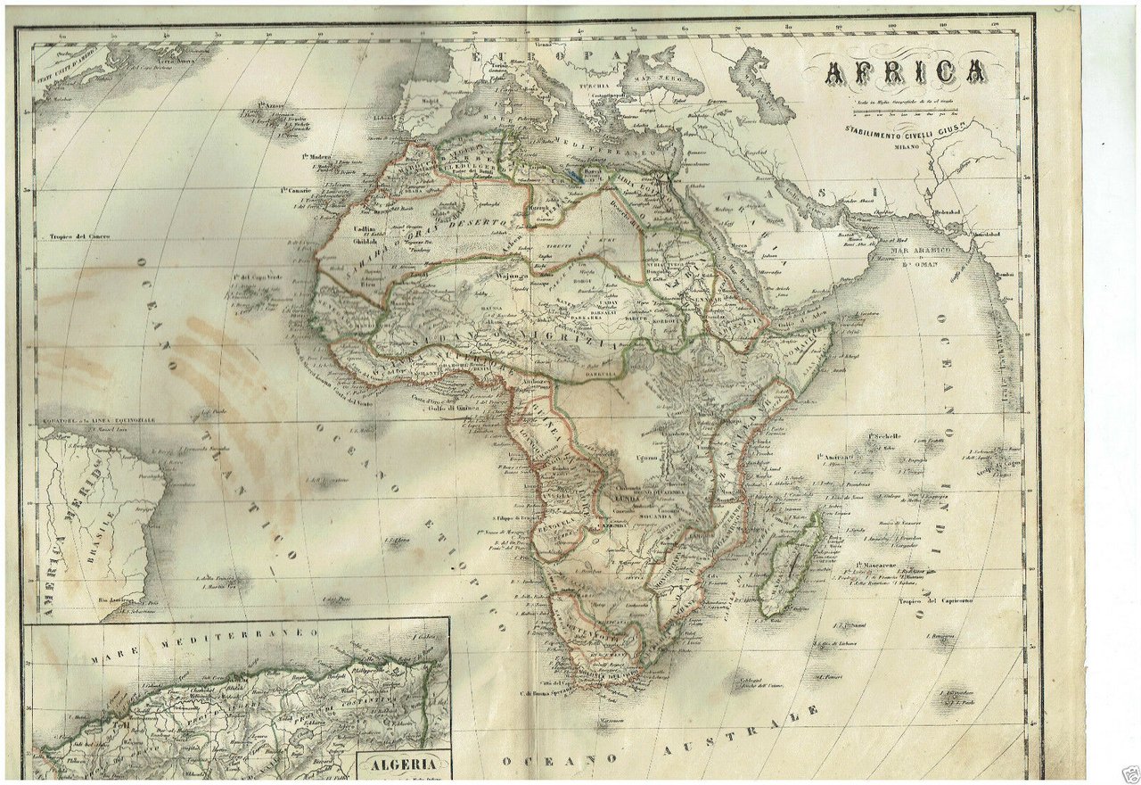 MAPPA ACQUARELLATA AFRICA G.CIVELLI MILANO 1860