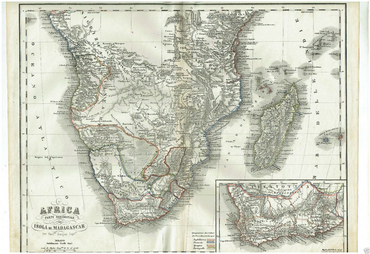 MAPPA ACQUARELLATA AFRICA MERIDIONALE ISOLA MADAGASCAR G. CIVELLI MILANO 1860