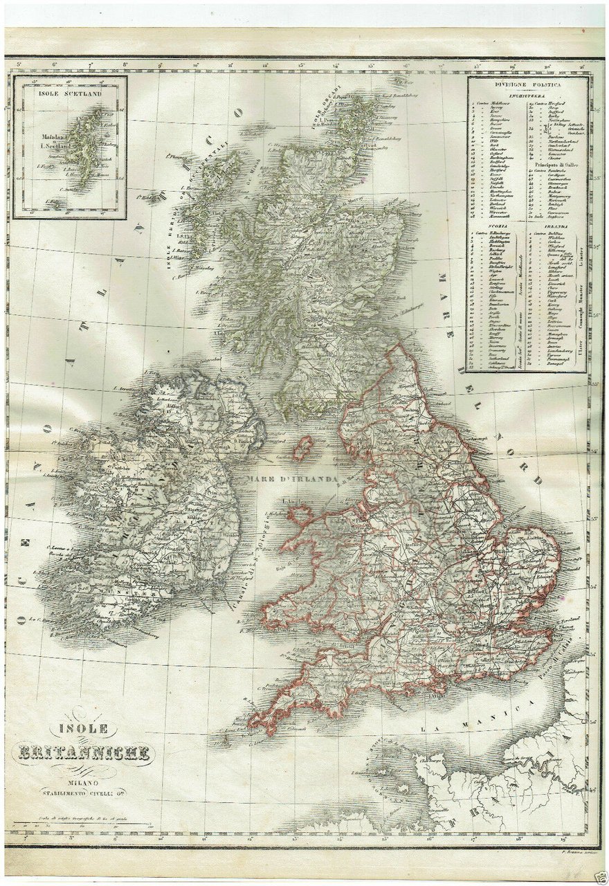 MAPPA ACQUARELLATA ISOLE BRITANNICHE G.CIVELLI MILANO 1860