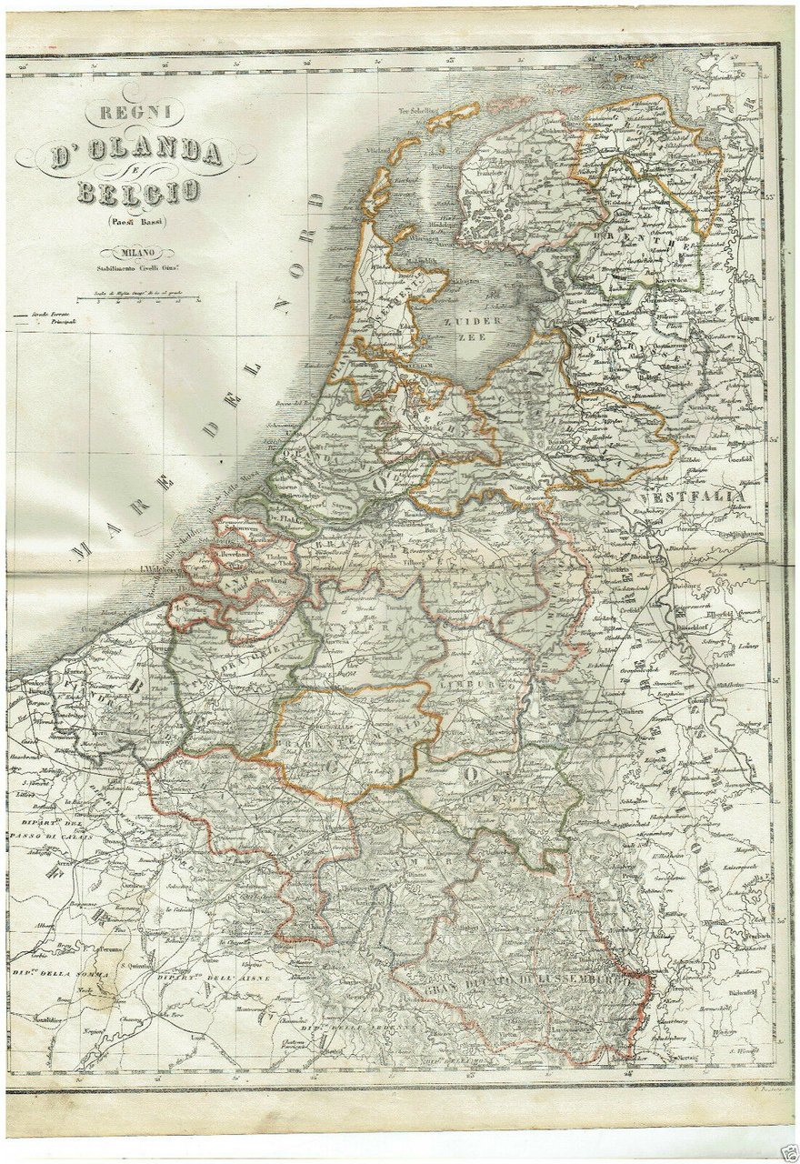 MAPPA ACQUARELLATA REGNI D'OLANDA E BELGIO PAESI BASSI G.CIVELLI MILANO …