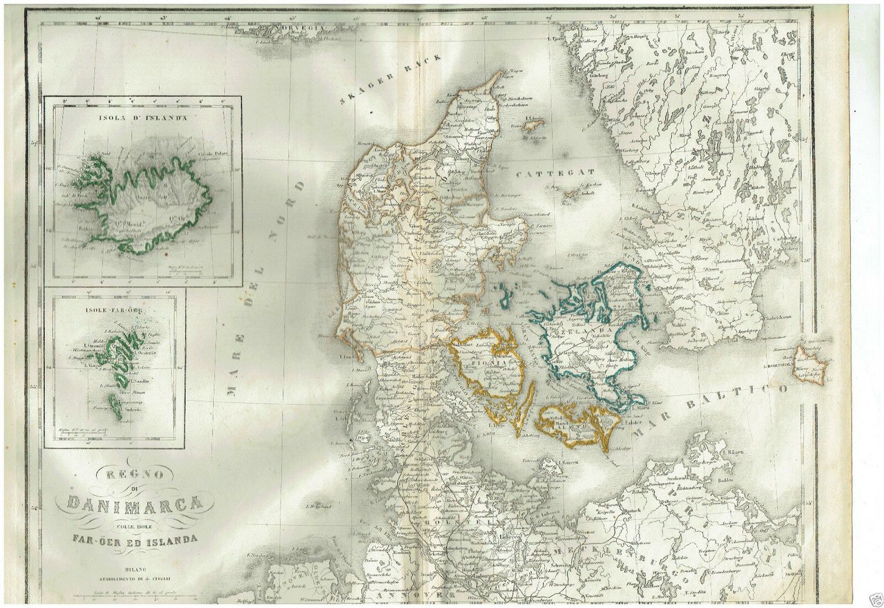 MAPPA ACQUARELLATA REGNO DI DANIMARCA CON ISOLE G.CIVELLI MILANO 1860