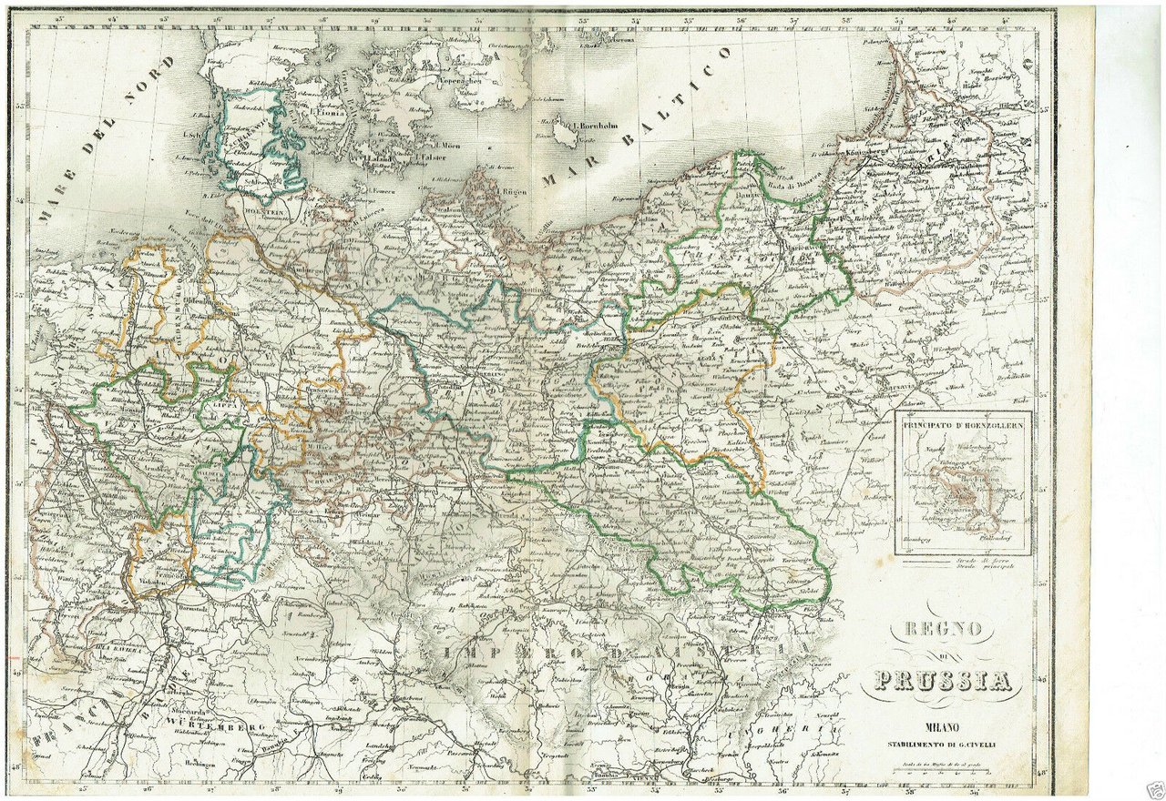 MAPPA ACQUARELLATA REGNO DI PRUSSIA G.CIVELLI MILANO 1860