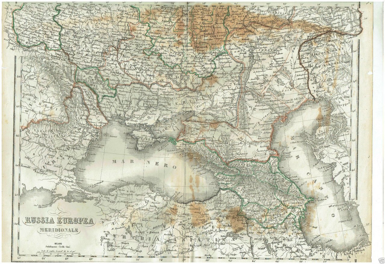 MAPPA ACQUARELLATA RUSSIA MERIDIONALE G.CIVELLI MILANO 1860