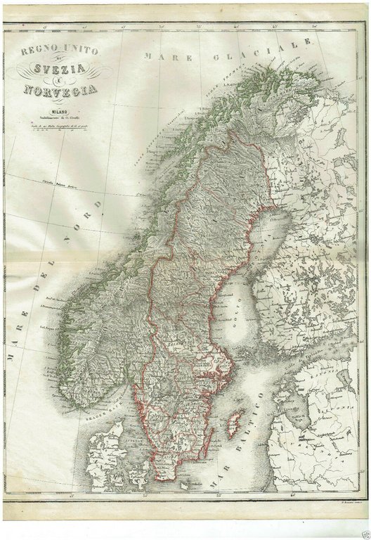 MAPPA ACQUARELLATA  SVEZIA NORVEGIA REGNO UNITO G.CIVELLI MILANO 1860