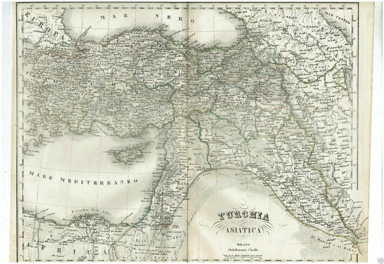 MAPPA ACQUARELLATA TURCHIA ASIATICA G. CIVELLI MILANO 1860