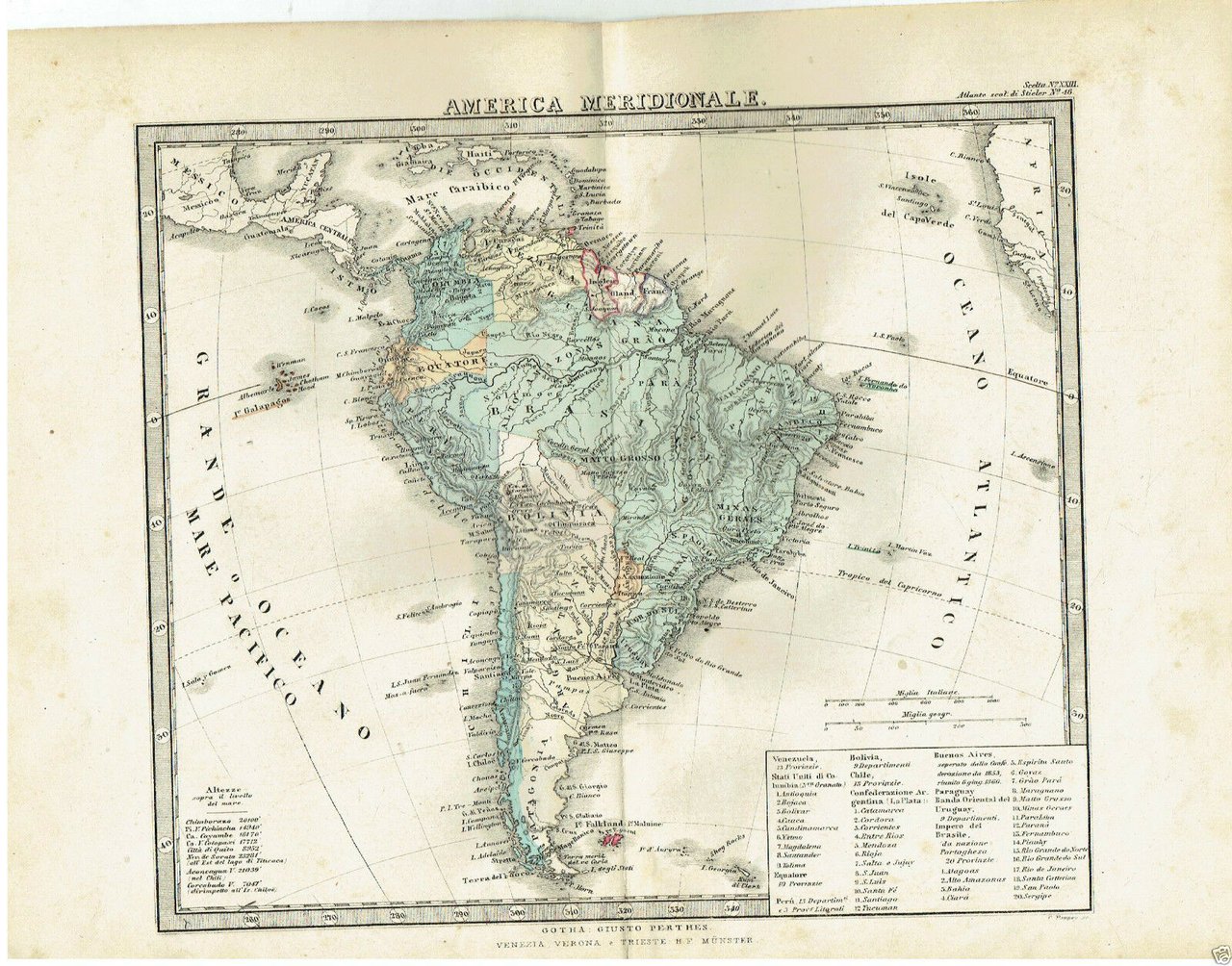 MAPPA Stieler AMERICA MERIDIONALE 1895 SISTEMA PLANETARIO cm 30x24