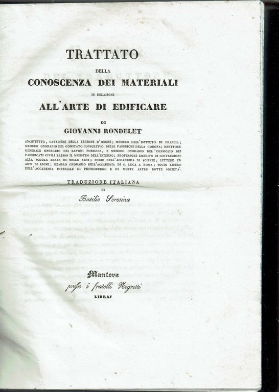 TRATTATO DELLA CONOSCENZA DEI MATERIALI IN RELAZIONE ALL'ARTE DI EDIFICARE