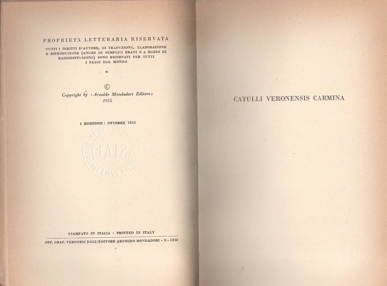 Valerio Catullo - I canti - Mondadori 1955 - Prima …