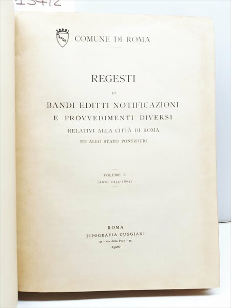 Governatorato di Roma Regesti di bandi editti notificazioni e provvedimenti …