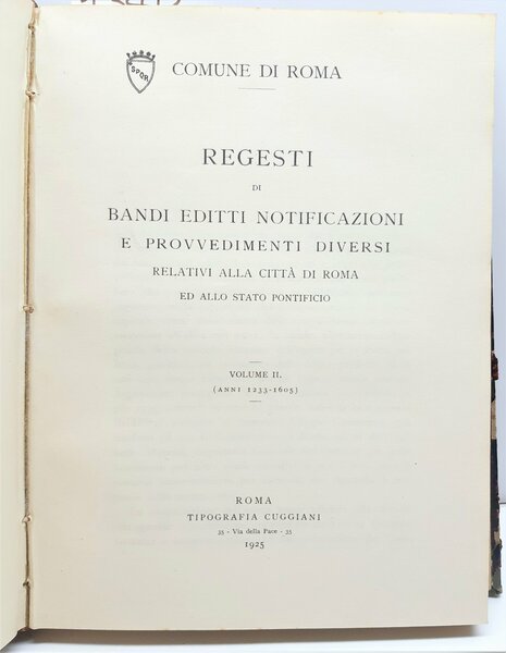 Governatorato di Roma Regesti di bandi editti notificazioni e provvedimenti …