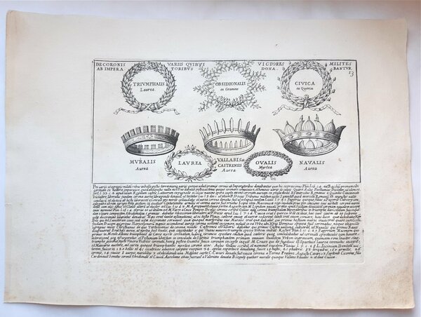 Acquaforte old print Romanae magnitudinis Le corone dei soldati vittoriosi …