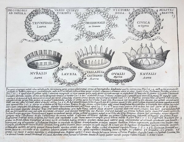 Acquaforte old print Romanae magnitudinis Le corone dei soldati vittoriosi …