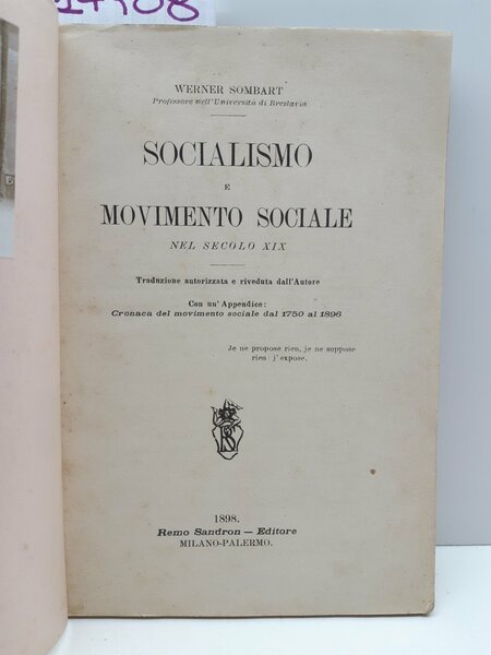 Werner Sombart Socialismo e Movimento Sociale nel XIX secolo Sandron …