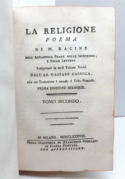 La Religione poema di M. Racine Gaspare Cassola 1∞ edizione …