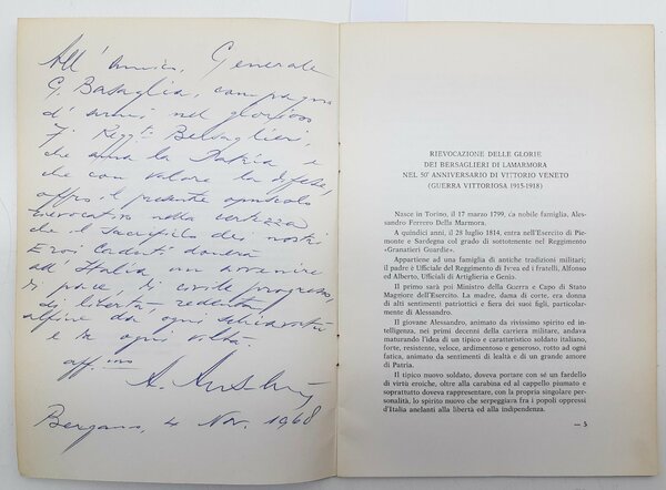 WWI A. Anselmi I bersaglieri Bergamo 1968 dedica autografa dell'a. …