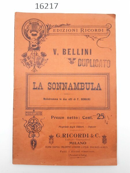 Libretto opera V. Bellini La sonnambula Ricordi senza data