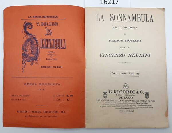 Libretto opera V. Bellini La sonnambula Ricordi senza data