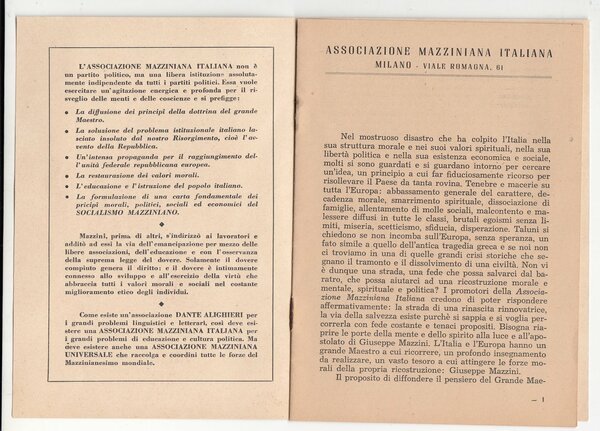 A.M.I. Origini e scopi della Associazione mazziniana Italiana Milano 1945