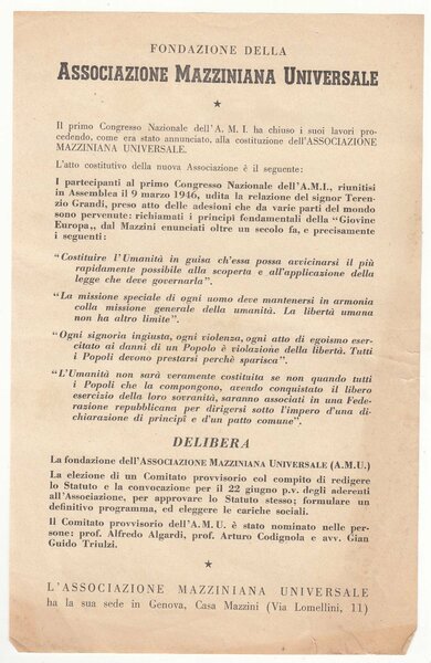 Volantino fondazione Dell'associazione Mazziniana Universale 1946