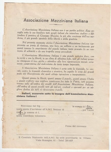 Domanda d'iscrizione all' Associazione Mazziniana Italiana 1946