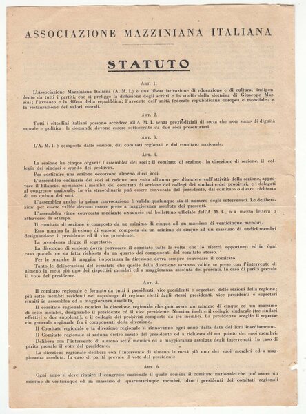 Volantino Dell'associazione Mazziniana Italiana Statuto senza data