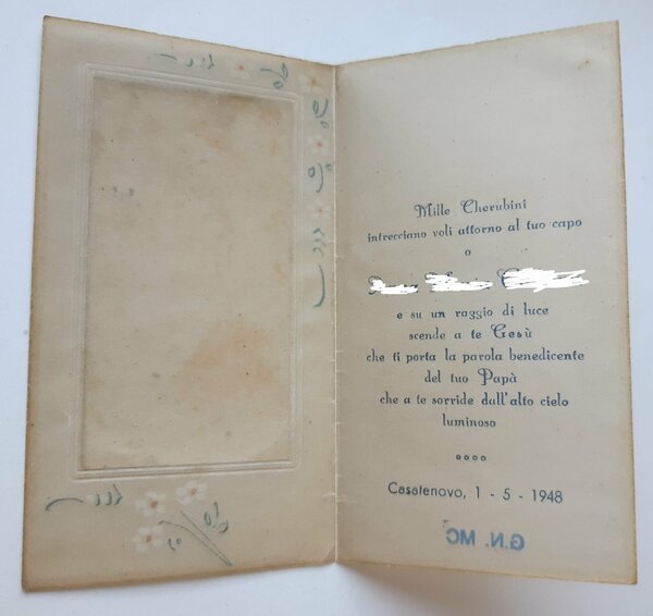 Santino holy card manufatto ricordo prima comunione 1948