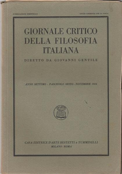 G. Gentile Giornale Critico Della Filosofia Italiana Novembre 1926 L5545