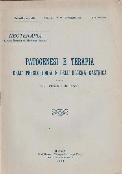 C. Durante Patogenesi E Terapia Dell'ipercloridria E Dell'ulcera Gastrica 1934