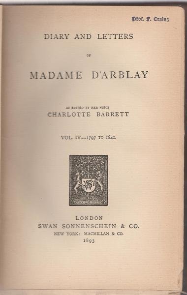 Diary And Letters Of Madame D'arblay Vol Iv 1797-1840 Sonneschein …