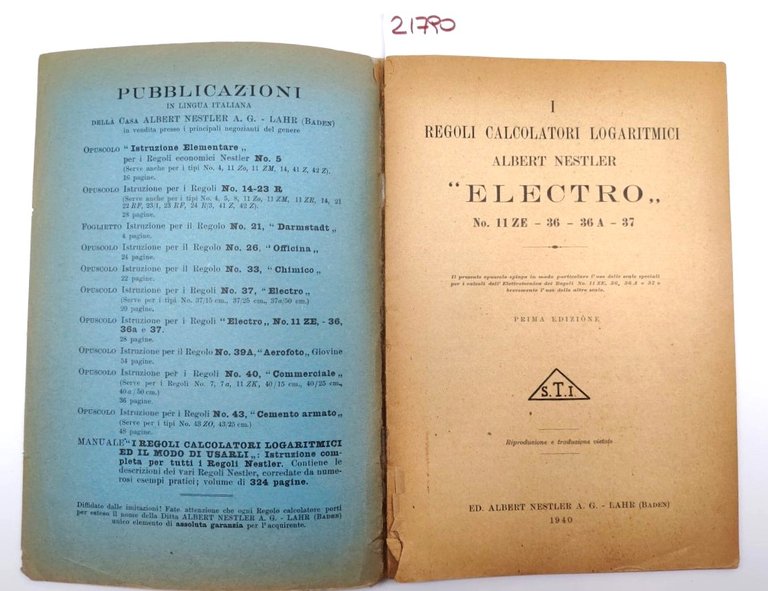 Albert Nestler I regoli calcolatori logaritmici Electro numero 11z-36-36a-37 1° …