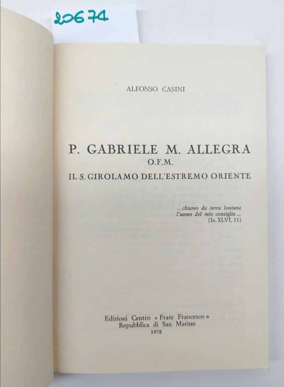 Alfonso Casini P. Gabriele M.Allegra O.F. M. Il San Girolamo …
