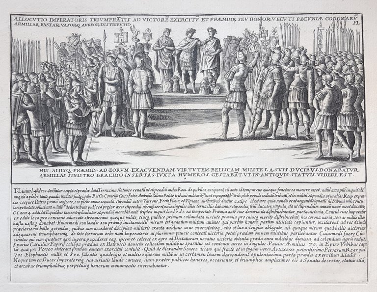 Acquaforte old print Romanae magnitudinis Discorso e premi del trionfatore …