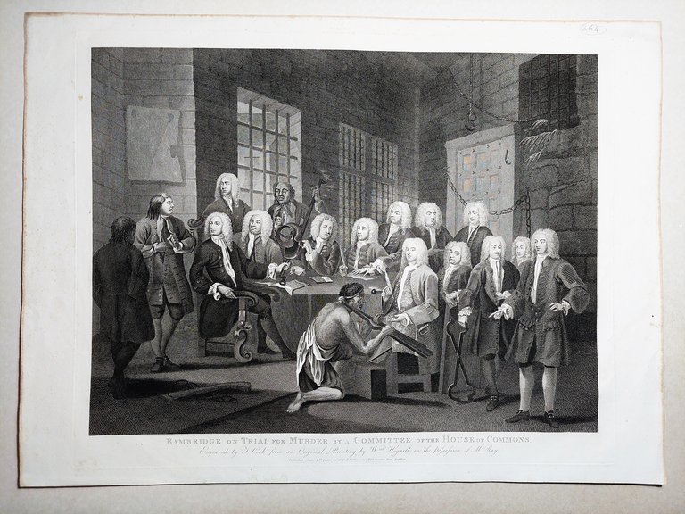 Antique print Original Autore William Hogarth Bambridge on Trial For …