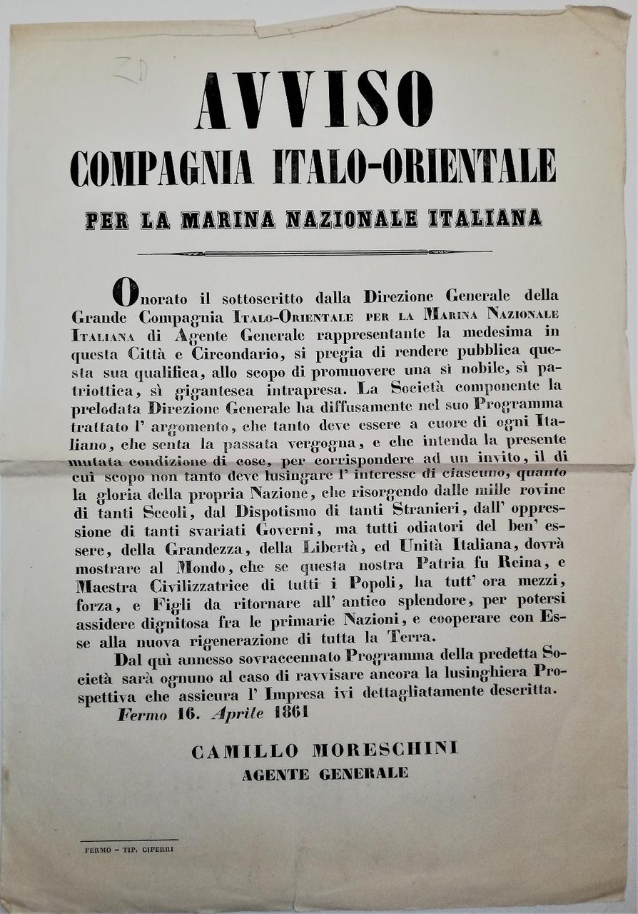 Bando-Compagnia italo-orientale per la Marina Nazionale Italiana-Moreschini 1861