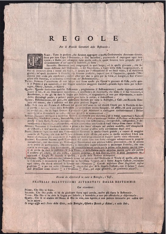Bando-Confraternite-Regole per li fratelli correttori delle Bestemmie-1740 circa | Immagine Gallery 1